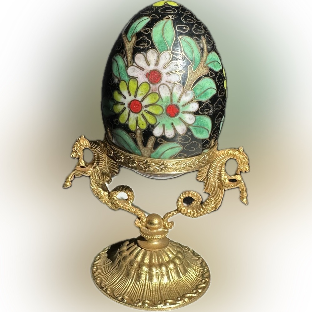 Cloisonné Floral Egg on Ornate Brass Dragon Stand -Vintage